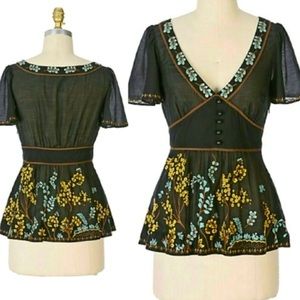 Anthropologie lithe forest embroidered peplum
